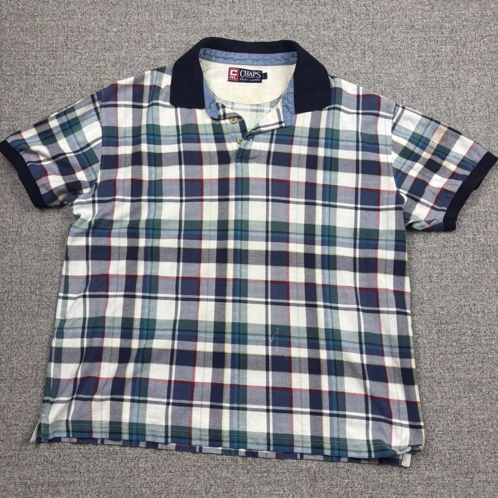 Chaps Ralph Lauren Polo Shirt Mens L Multi Plaid‎ Vintage Short Sleeve Pique